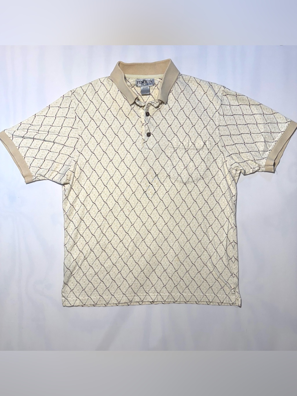 Penguin Sport Polo Shirt Golf Club Print Beige Retro Y2k Mens M